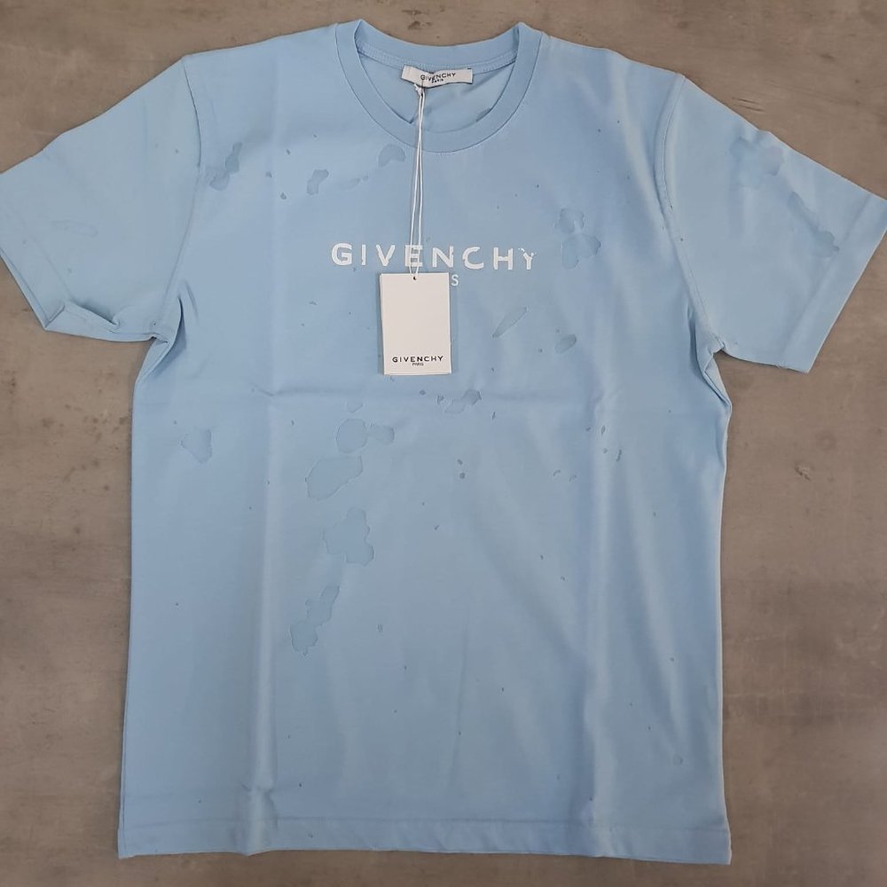 Givenchy Men Logo Printed Destroyed Style Blue Tee